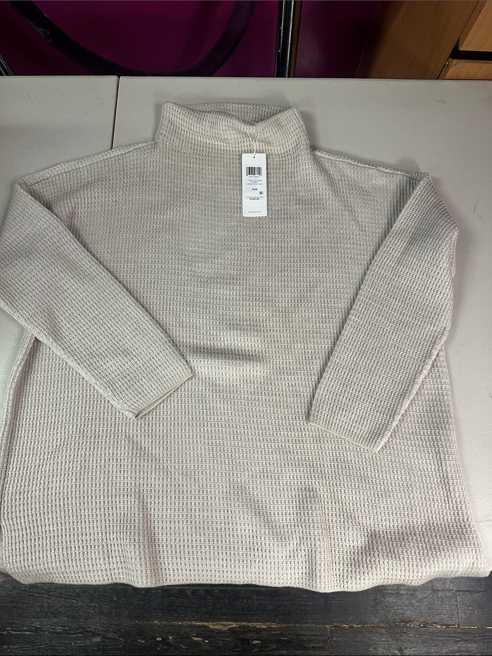 Eileen Fisher Cream Waffle Knit Turtleneck Sweater
